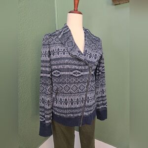Lucky Brand Small Navy Light Blue Geometric Cowel Neck Zippered Sweatshirt